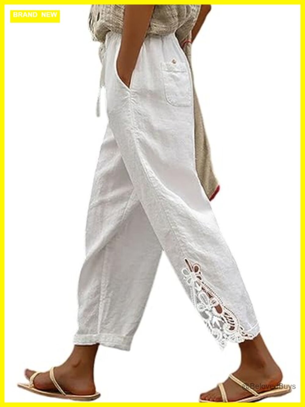 Women Casual Lightweight 100% Cotton Drawstring Waist Capri Pants with Pockets
